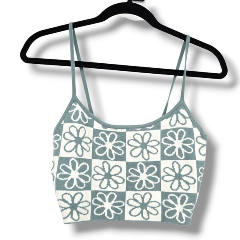 Pacsun Knit Crop Top Checkerboard Floral Sleeveless‎ Blue White Size M